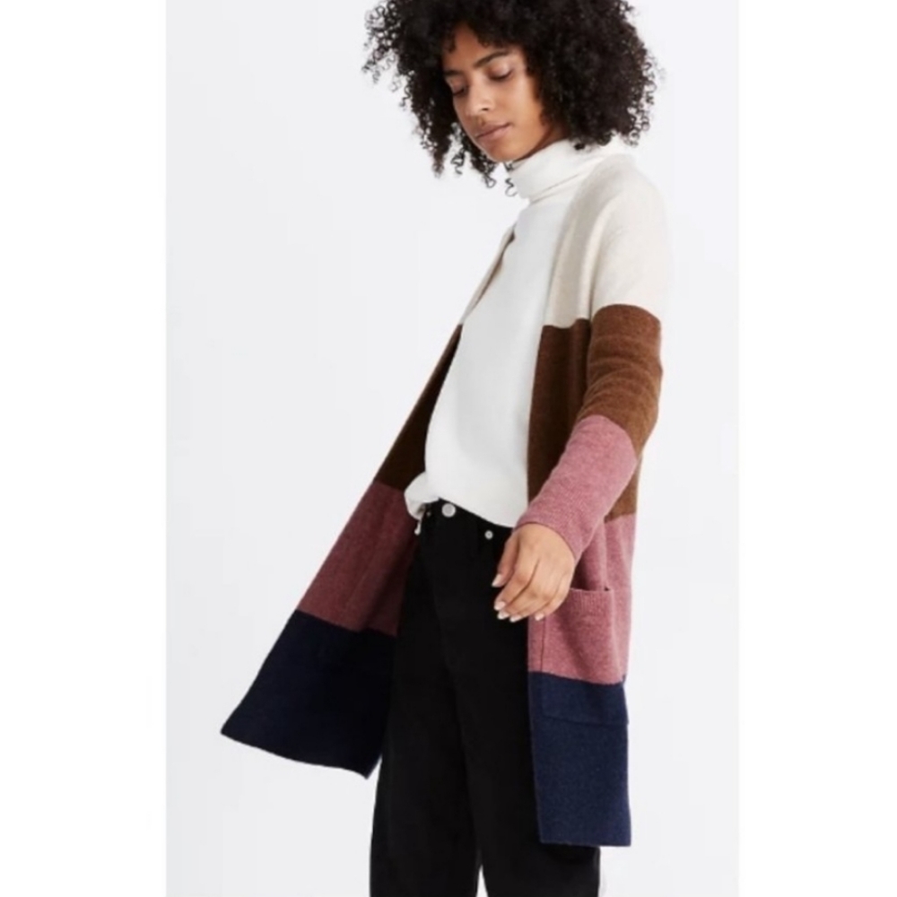 Madewell Soft Cozy Fall Open Front Color Block Kent Cardigan Alpaca/Wool Blend